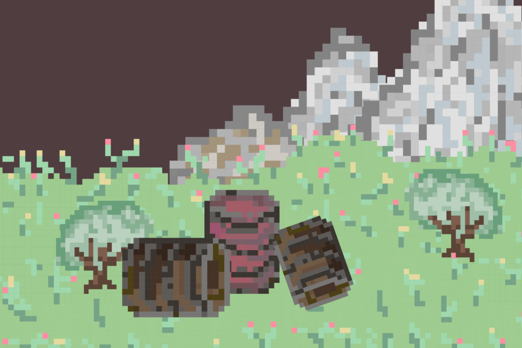 mountains and some barrels pixel art